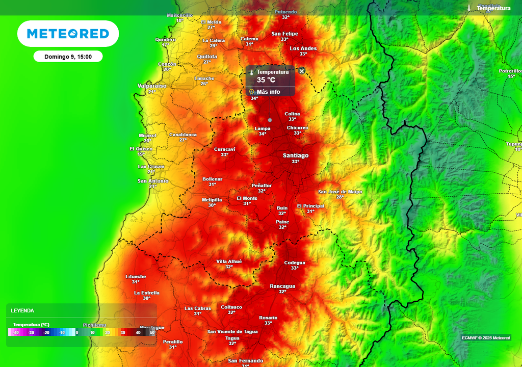 Temperatura máxima domingo 09 de marzo 2025, Santiago de Chile, Meteored