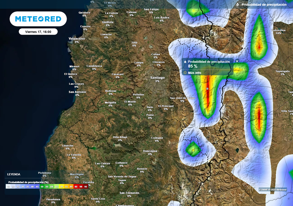 Pronóstico probabilidad de precipitación, viernes 17 enero 2025, Santiago, ECMWF