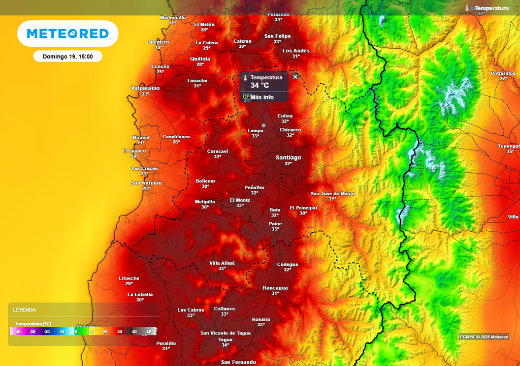 Temperatura máxima, domingo 19 enero 2025, Santiago, ECMWF