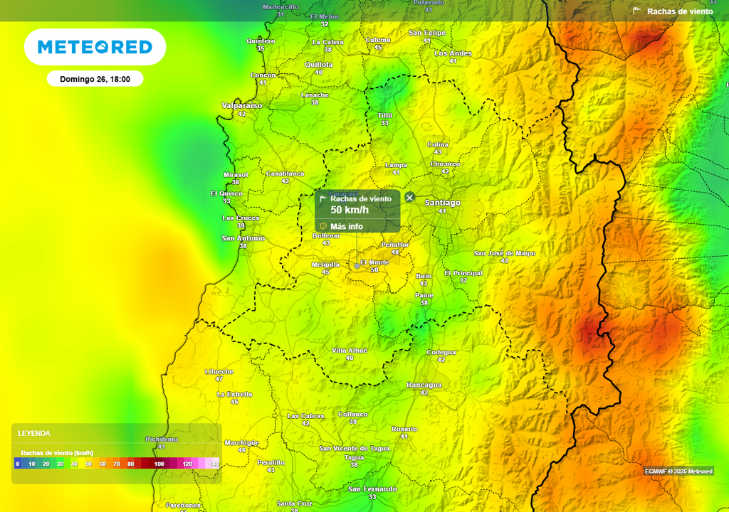 Rachas de viento, ECMWF, Santiago, Chile
