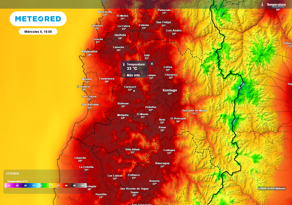 Temperatura, ECMWF, Santiago, Chile Temperatura máxima (°C) prevista para el miércoles 05 de febrero 2025 en Santiago y la Región Metropolitana.
