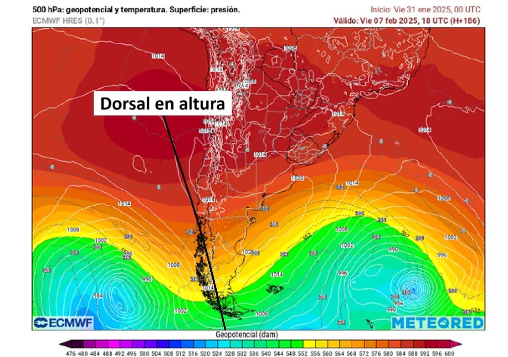 Temperatura, altura geopotencial 500 hectopascales, ECMWF, Chile Posición y eje (línea negra) de la dorsal en altura proyectada para la tarde del viernes 07 de febrero 2025.