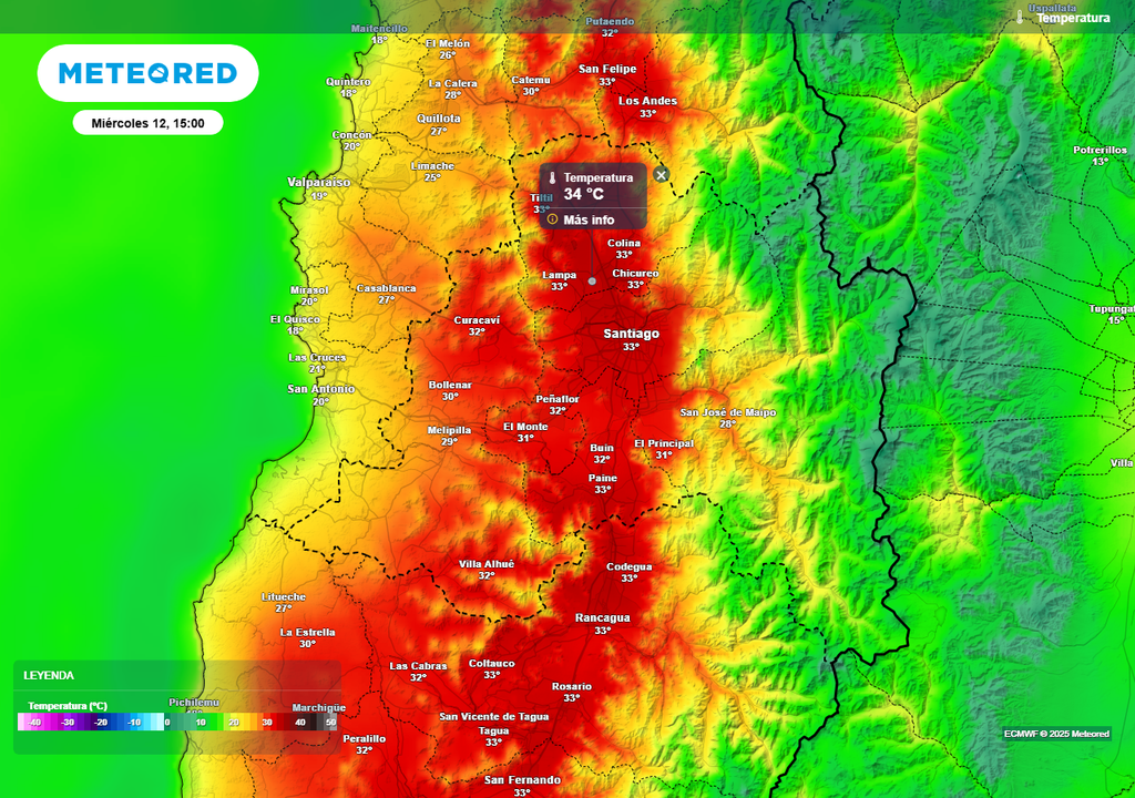 Temperatura máxima miércoles 12 de marzo 2025 en el gran Santiago, Meteored Chile