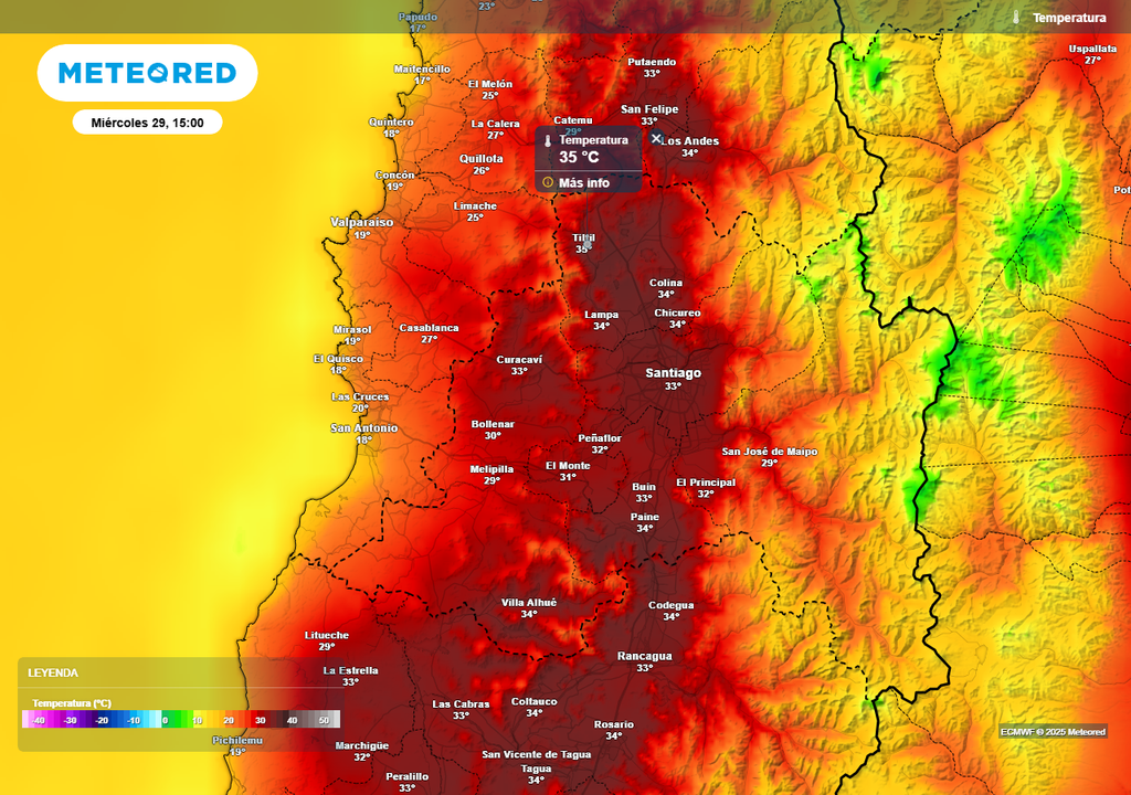 Temperatura máxima, ECMWF, Santiago, Chile.