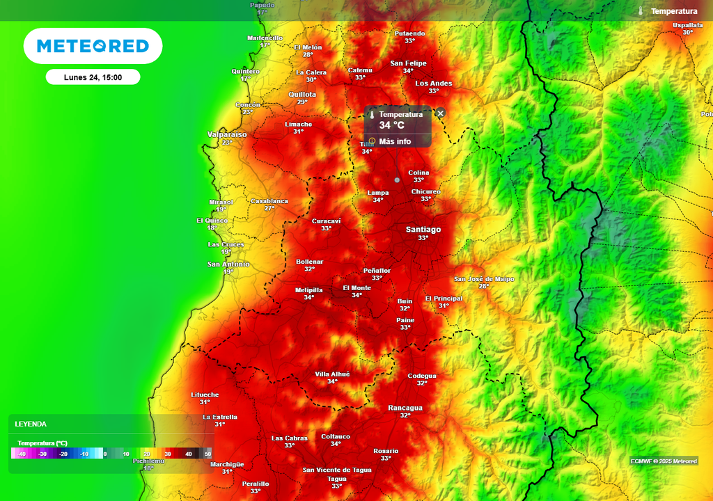 Temperatura máxima para Santiago, Chile, Meteored, lunes 24 de febrero 2025