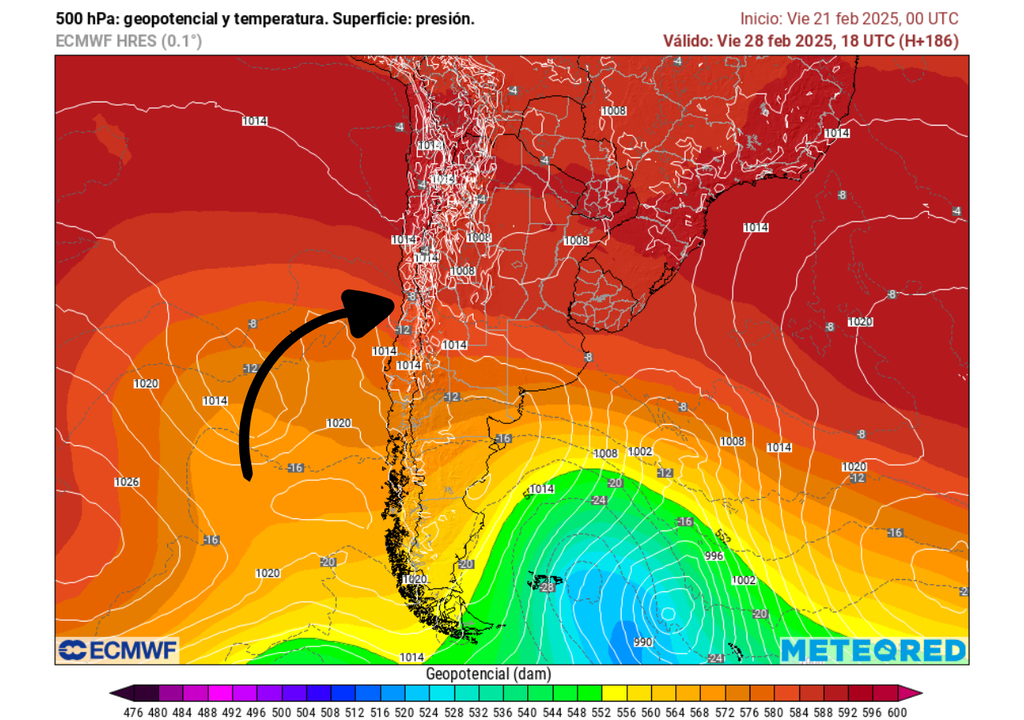 Temperatura y altura geopotencial en 500 hectopascales, ECMWF, Meteored