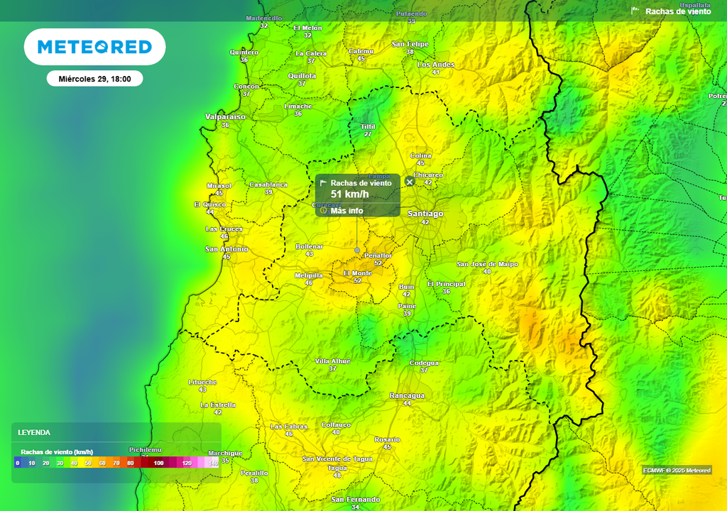 Rachas de viento, ECMWF, Santiago, Chile