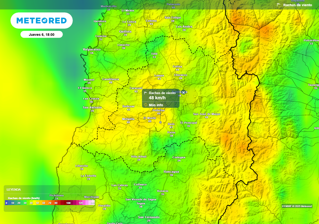 Rachas de viento, ECMWF, Santiago, Chile, Meteored