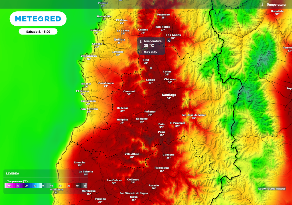 Temperatura, ECMWF, Santiago, Chile, Meteored