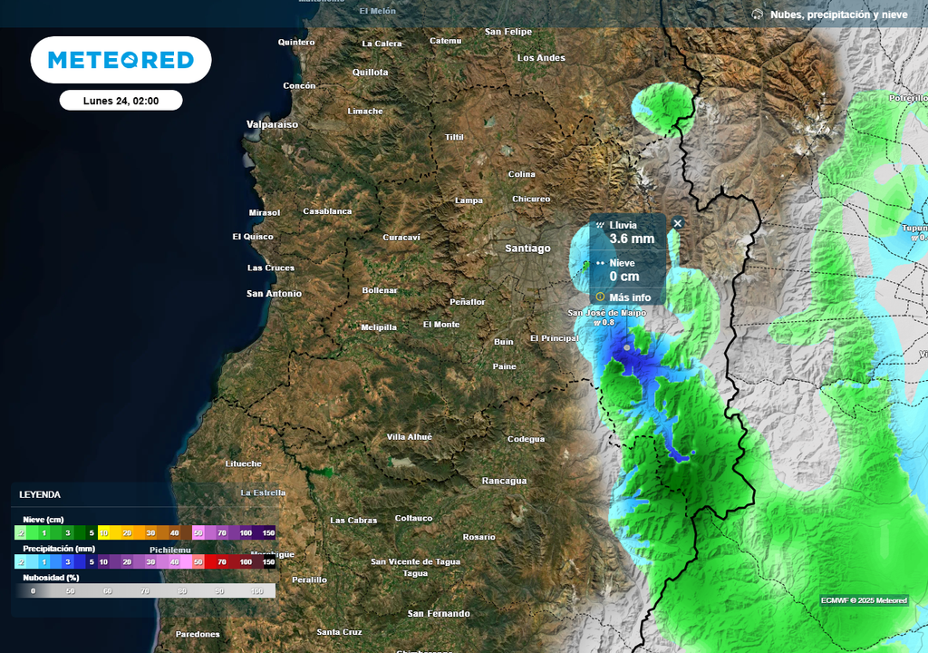 Precipitación para el lunes 24 de marzo en Santiago, Meteored Chile