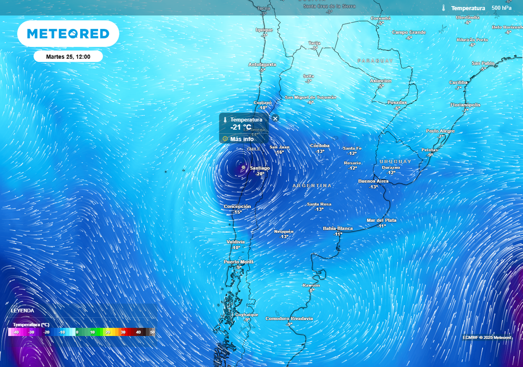 Temperatura en 500 hectopascales, baja segregada, Santiago, Meteored Chile