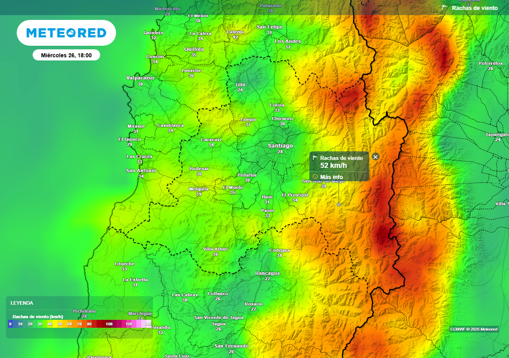 Rachas de viento en Santiago, miércoles 26 de marzo, Meteored Chile