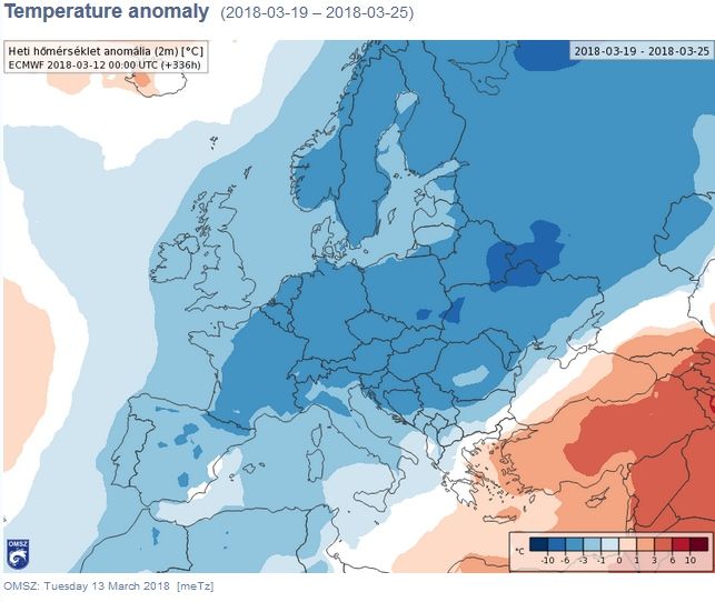 Anomalías de temperatura en ºC para la semana del 19-25 de marzo en gran parte de Europa