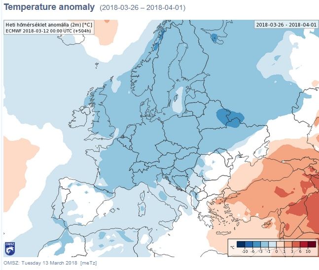 Anomalías de temperatura en ºC para la semana del 26 marzo - 1 abril en gran parte de Europa Anomalías de temperatura en ºC para la semana del 26 marzo - 1 abril en gran parte de Europa