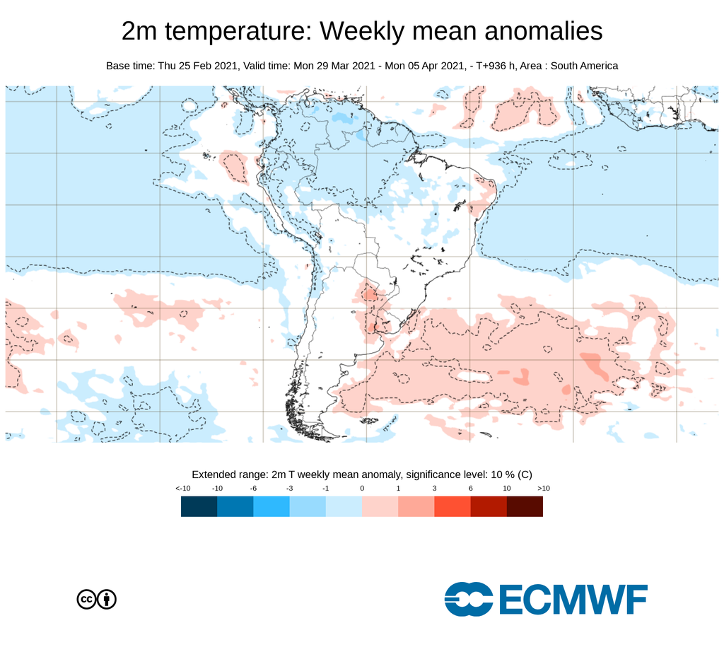 2 m de temperatura: anomalías medias semanales