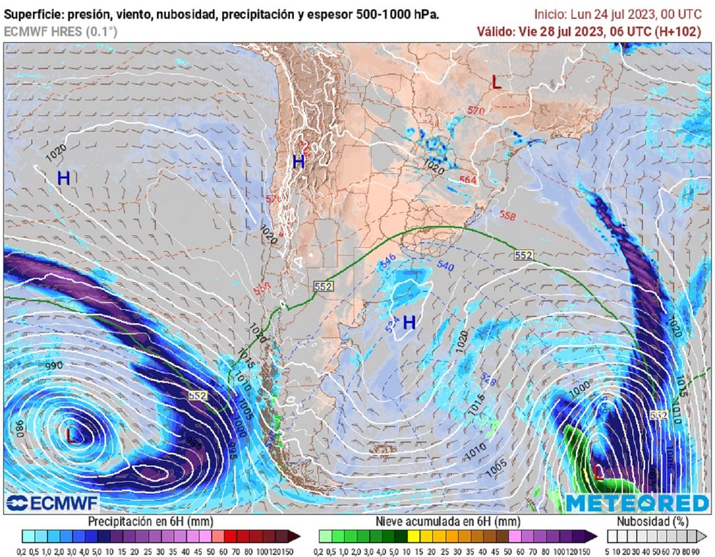 mapa de presión y precipitación previstas, mostrando la aproximación de un sistema frontal intenso hacia Chile durante esta semana mapa de presión y precipitación previstas, mostrando la aproximación de un sistema frontal intenso hacia Chile durante esta semana