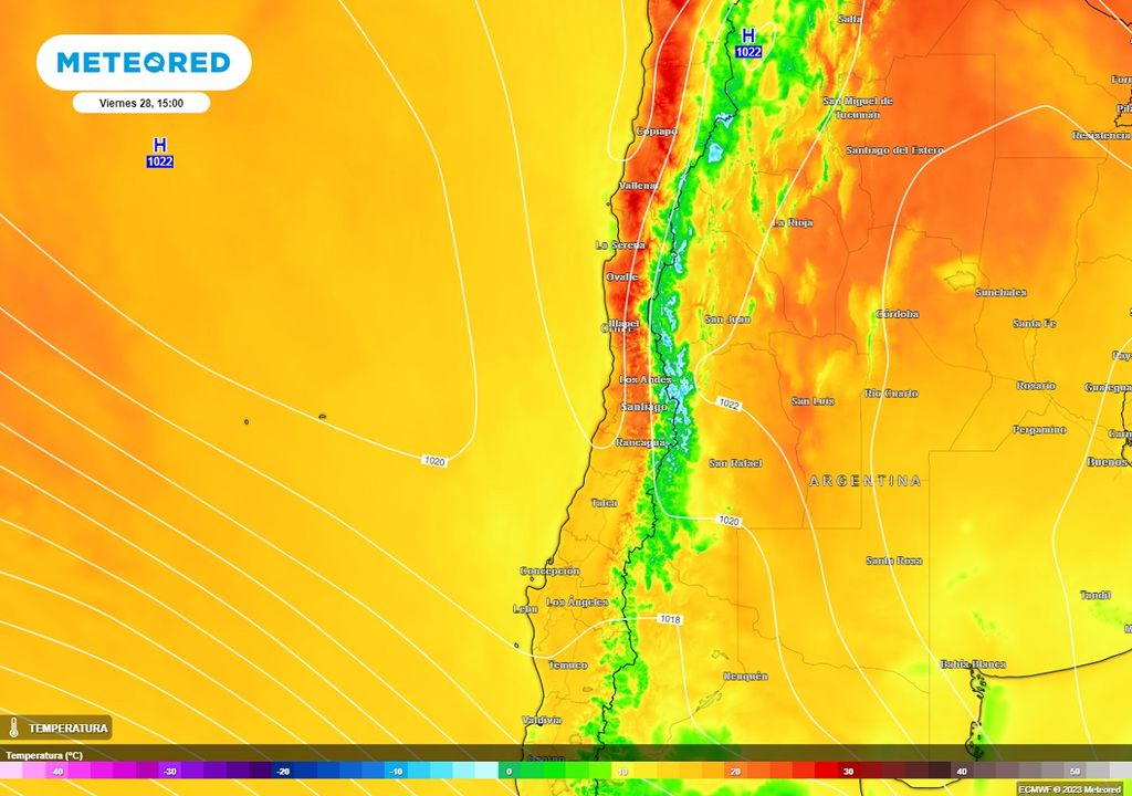 mapa de temperaturas previstas para el viernes 28 de julio, mostrando altas temperaturas en la zona central