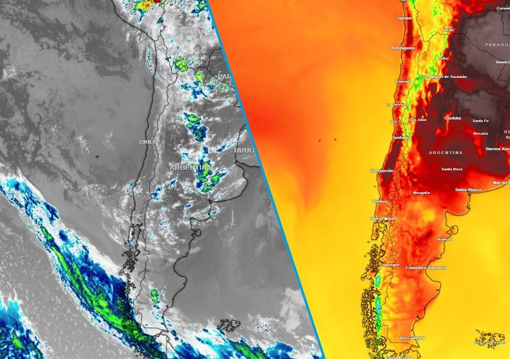 composición de imagen satelital actual y mapa de pronóstico de temperaturas