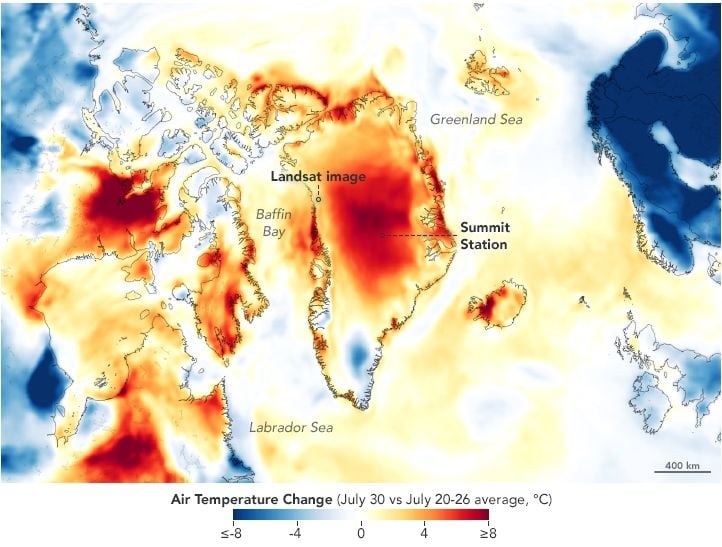 Anomalías de temperatura en Groenlandia para el 30 de julio de 2019. NASA