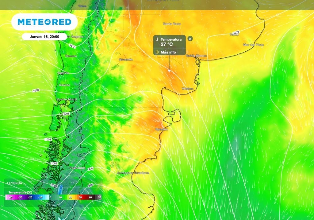 Condiciones agradables persisten este jueves sobre gran parte del norte y este de la Patagonia con temperaturas que pueden rondar los 27 ºC.