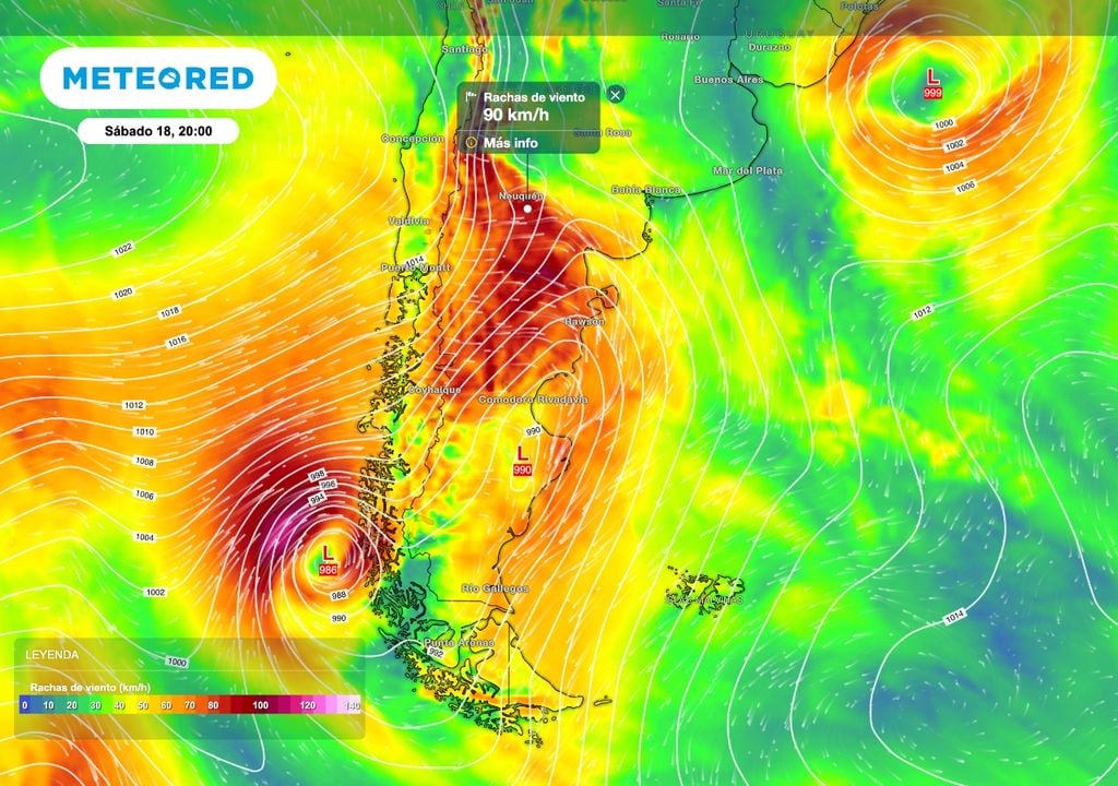 Adelantándanos en el tiempo, un frente muy actiivo producirá condiciones muy ventosas en gran parte de la Patagonia este sábado 17 con ráfagas que pueden rondar o superar los 90 km/h en algunos sectores de Neuquén, Río Negro, y Chubut.