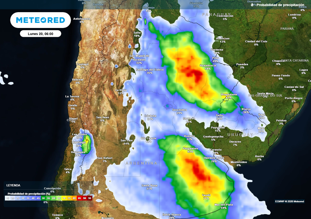 Probabilidad de precipitaciones durante el próximo domingo según mapas propios basados en nuestro modelo de confianza ECMWF