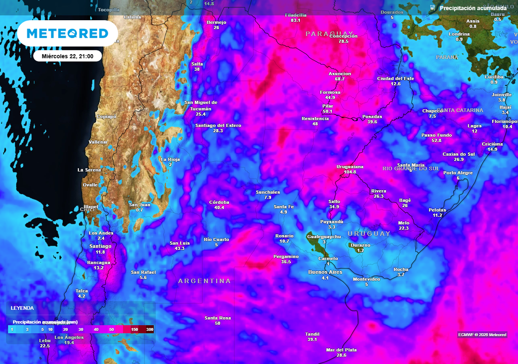 Acumulados de lluvia previstos hasta el próximo miércoles según nuestro modelo de referencia ECMWF