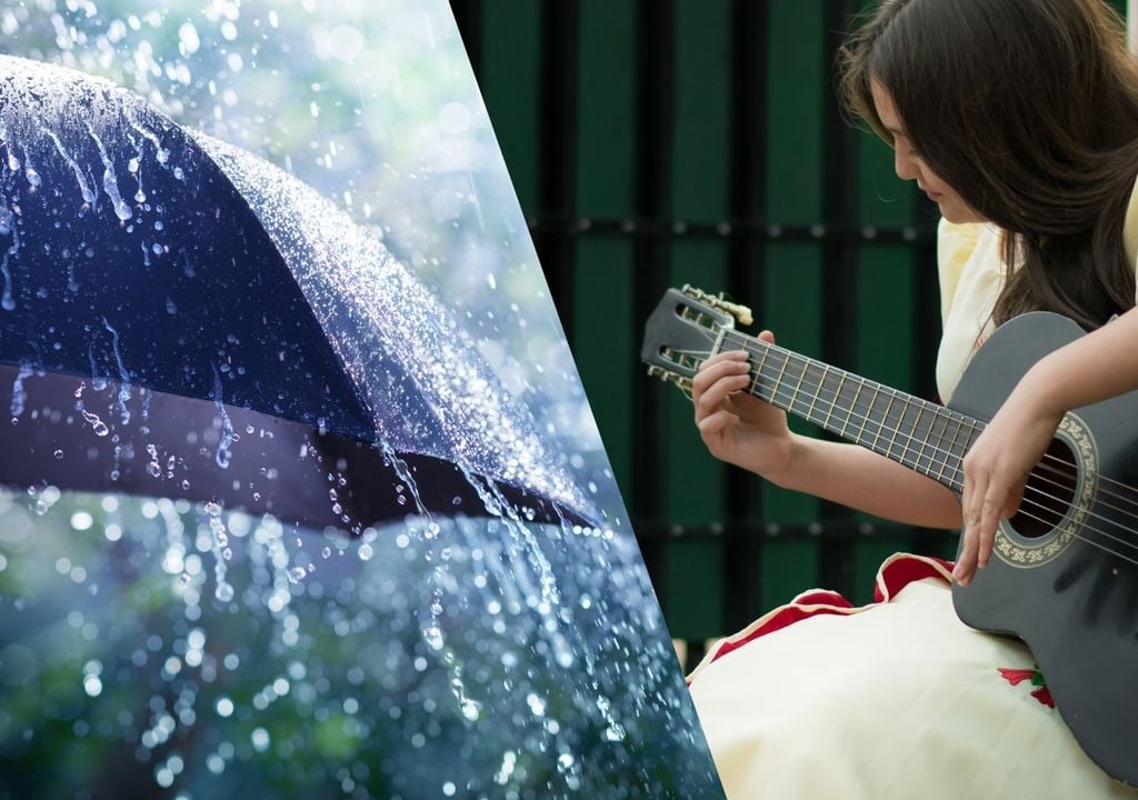 persona tocando guitarra con ropa tradicional chilena y un paraguas recibiendo lluvias