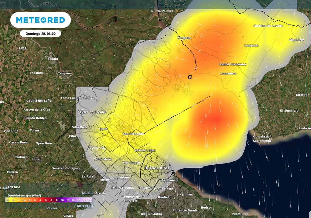 Domingo tormentas La madrugada y mañana del domingo 29 presentan el mayor riesgo de tormentas y ráfagas. El mapa muestra la densidad de rayos/km2 a las 06:00