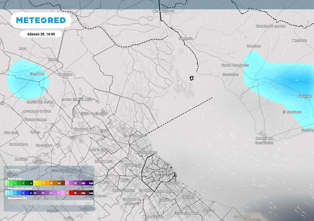 Sábado nuboso El sábado 28 por la tarde estará nuboso, y se esperan algunas precipitaciones débiles y aisladas, las que aparecen en azul en el mapa de las 14:00