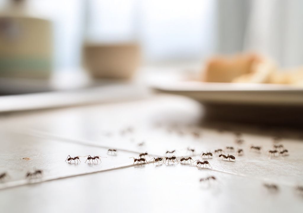 Una fila de hormigas avanza sobre la mesada de la cocina, guiada por un rastro químico invisible que conecta el alimento con el hormiguero.