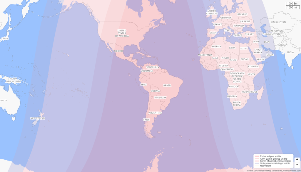 zona cubierta por el eclipse América del Sur, Centroamérica y gran parte de México, Canadá y Estados Unidos verán el máximo de ocultación lunar en el eclipse parcial de agosto.
