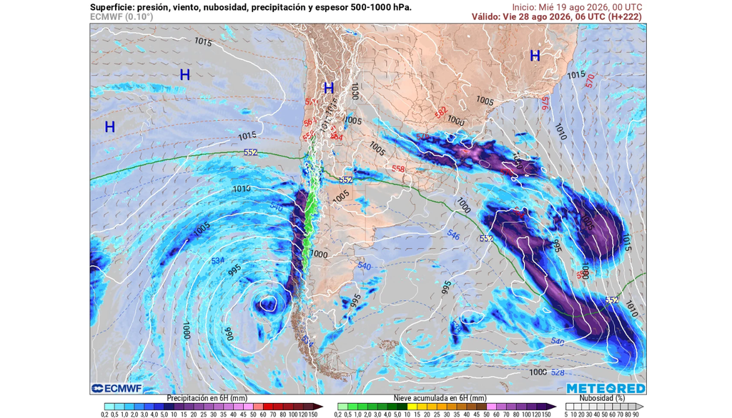 mapa de pronóstico Un sistema frontal dejará precipitaciones y cielos cubiertos en gran parte de Chile