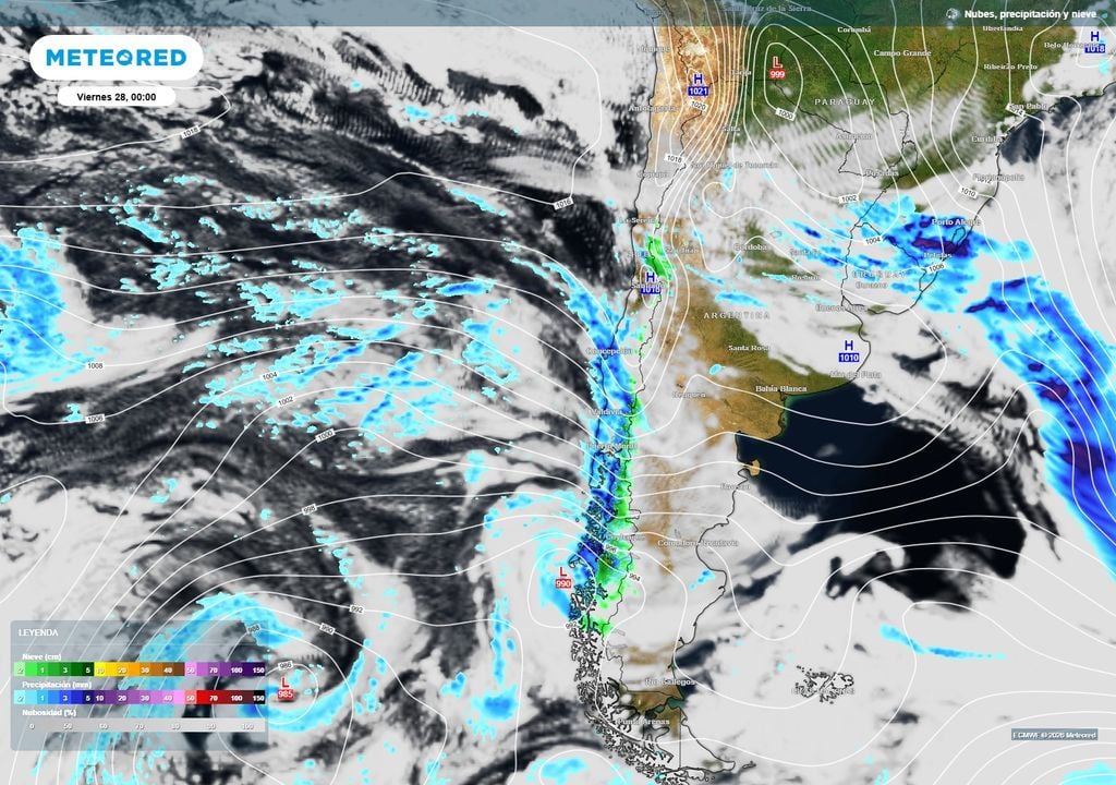 lluvia, nieve y nubes. Un sistema frontal dejará precipitaciones y cielos cubiertos en gran parte de Chile