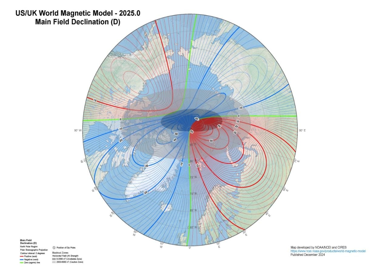 Se ha publicado el nievo Modelo Magnético Mundial que aporta más precisión para la nevagación, incluyendo la de los GPS que utilizamos a diario. Imagen: NCEI.