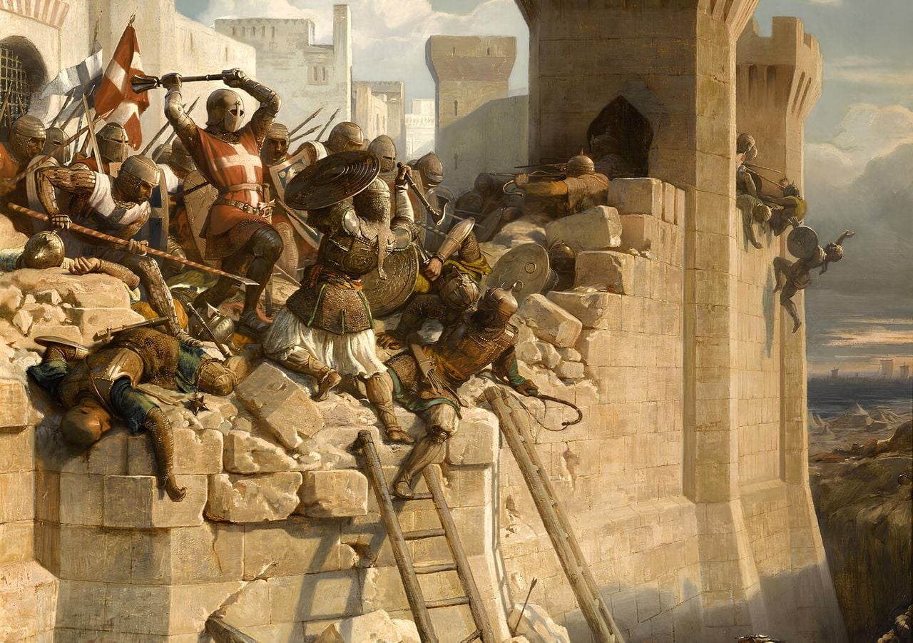 Detalle del cuadro "Guillaume de Clermont defendiendo las murallas en el Sitio de Acre, 1291", pintado por Dominique Papety.
