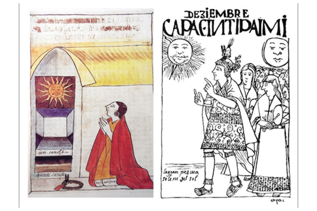 El Inca adorando al Sol, que refleja la importancia de los astros en la cosmovisión y la organización de los ciclos andinos. Crédito: Martín de Murúa (2004).