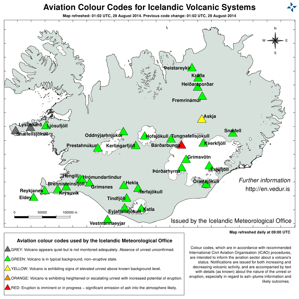 El Vaac De Londres Ha Lanzado Un Aviso Sobre Cenizas Volcánicas Mapa del Servicio Met. Islándes con los códigos de colores de aviso aeronáutico según la actividad de los volcanes. Uno de ellos estaba en nivel rojo: el Bárdabunga