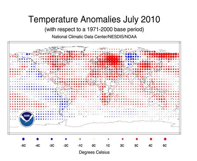 Figura 2.- Mapa global con las anomalías de temperatura, con respecto al período 1971-2000, del mes de julio de 2010. Sobre Rusia se observan los valores positivos más altos.