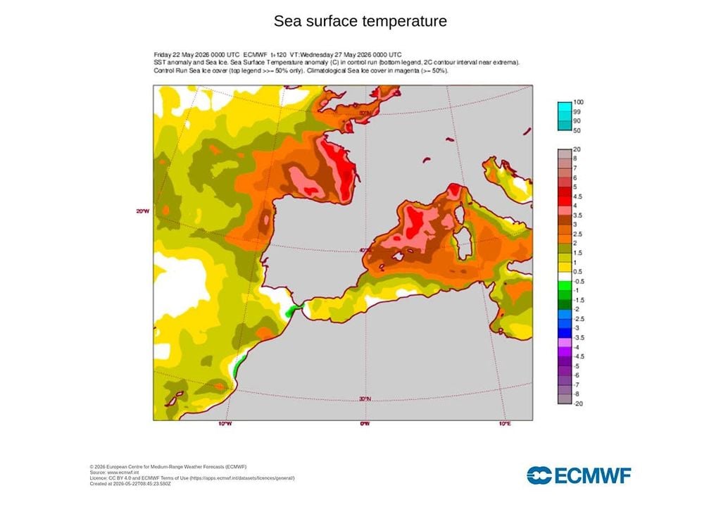 Las anomalías térmicas que puedan registrarse en la superficie de las aguas mediterráneas y cantábricas el próximo lunes serán muy destacables.