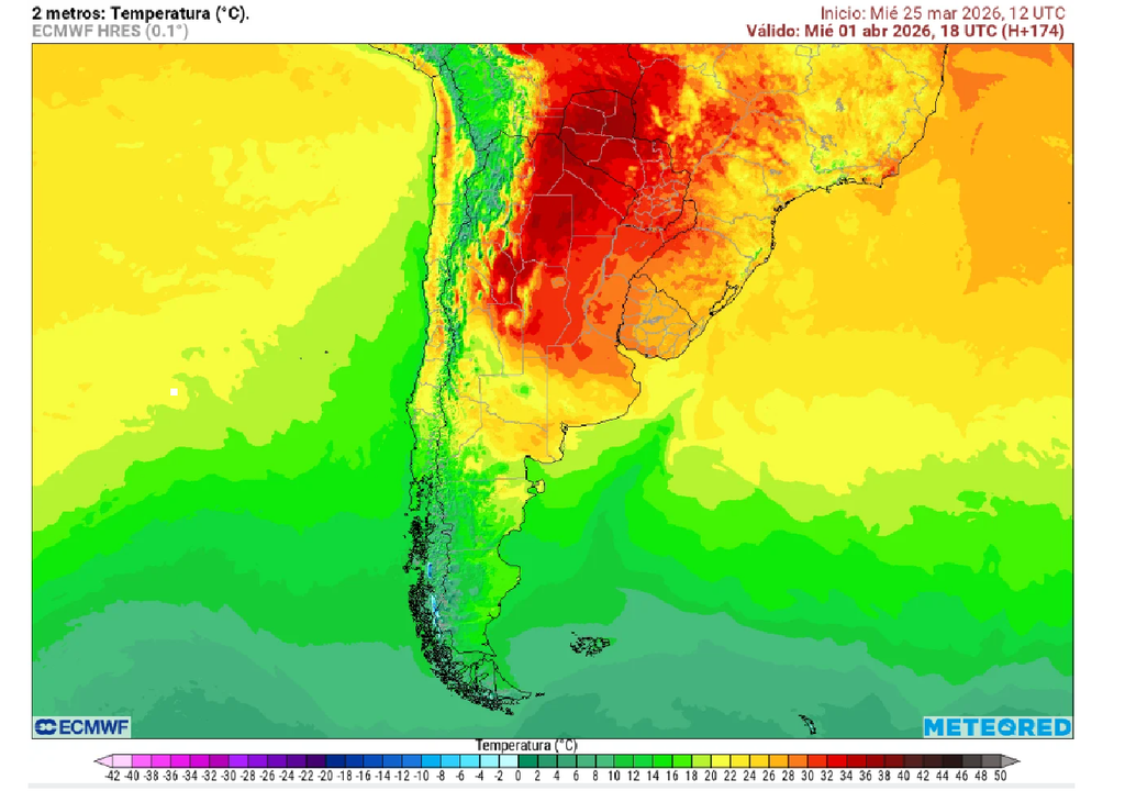 calor en abril 2026 Valores de temperatura más cálidos de lo normal para el inicio de abril 2026 en el centro y norte argentino. Modelo: ECMWF. para la tarde del miércoles 1 de abril. Mapa: Meteored Argentina