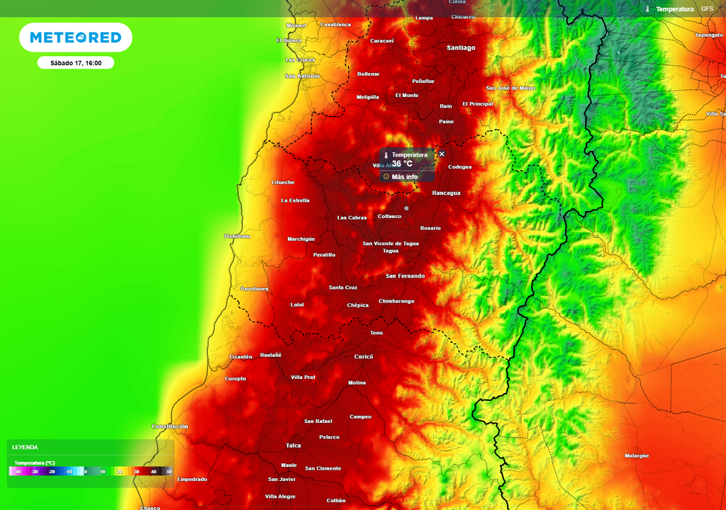 El modelo muestra temperaturas cercanas a 36 °C en la Región de O’Higgins, con calor intenso concentrado en valles y precordillera que incluso podrán superar ese valor.