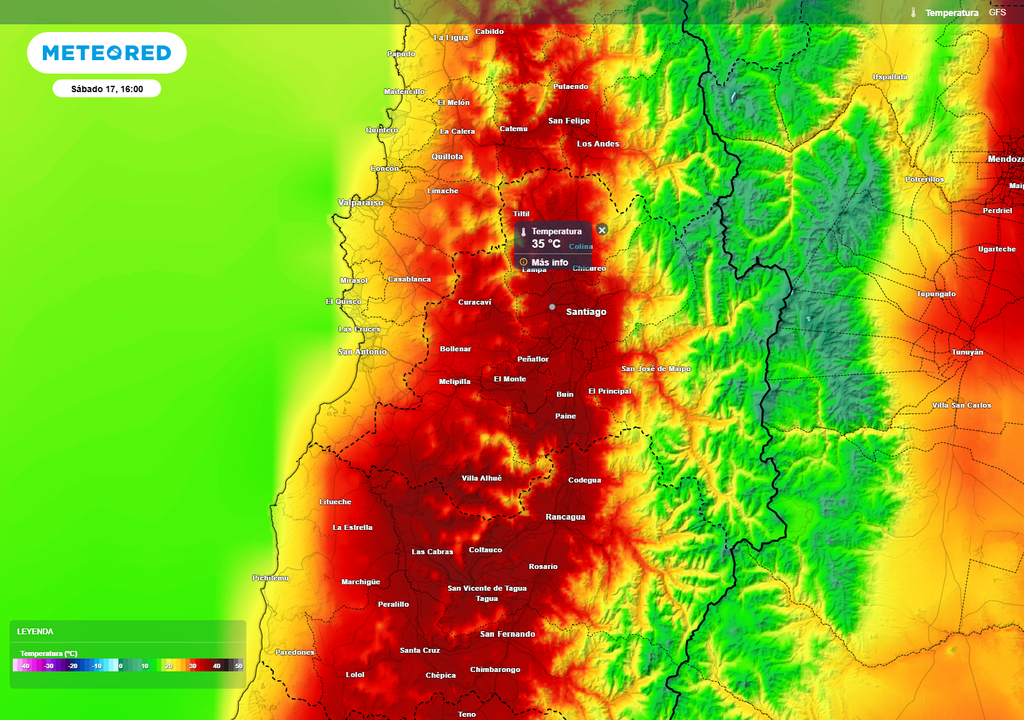 El modelo proyecta temperaturas sobre 35 °C en la Región Metropolitana, con calor más intenso en valles y precordillera este sábado
