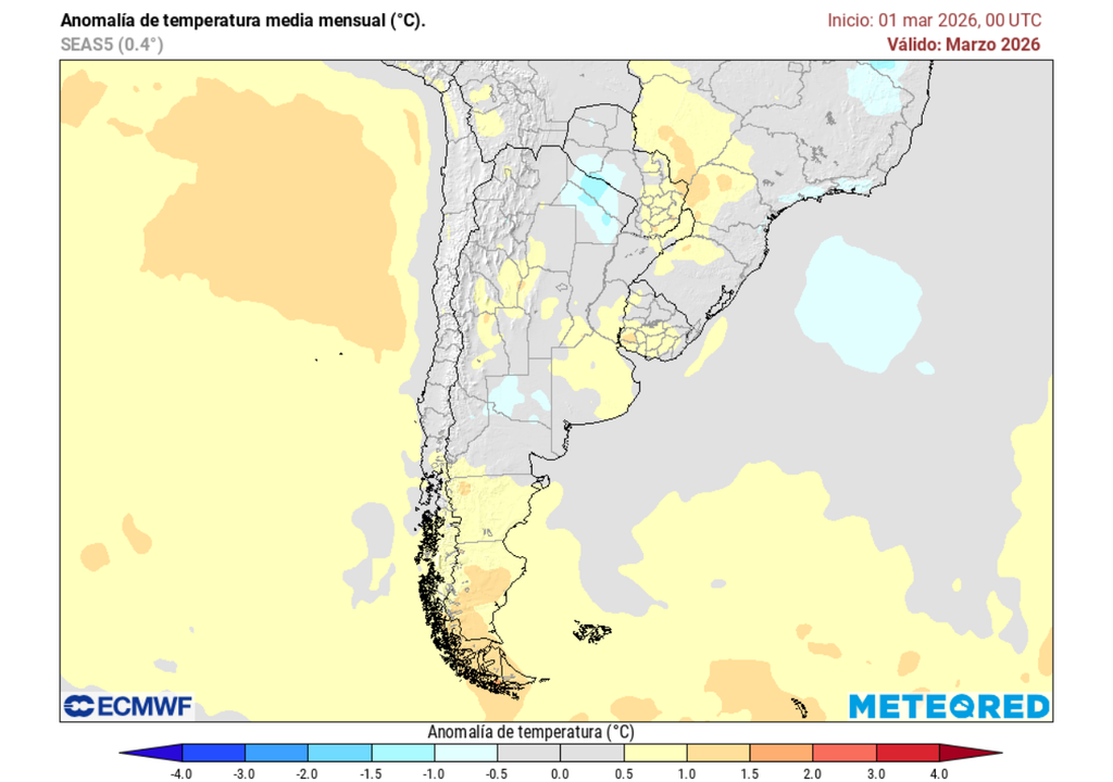 Anomalías de temperaturas sobre Chile proyectan un núcleo cálido sobre la Patagonia durante el mes de marzo.