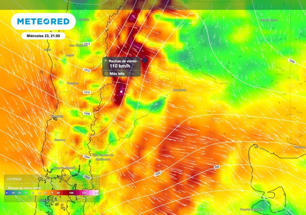 Ventoso dos Durante el miércoles 23 se espera que el efecto orográfico genere ráfagas extremas sobre sectores precordilleranos de la provincia de Neuquén superando, según ECMWF, los 110 km/h.
