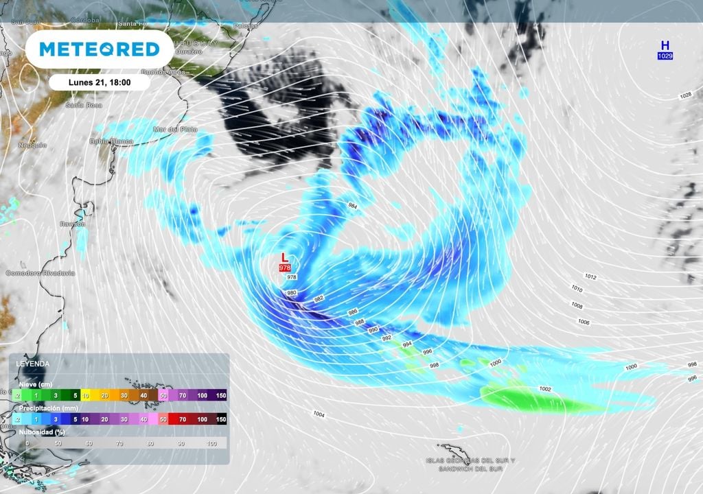 sistema de baja presión El sistema de baja presión que estará sobre el océano Atlántico el lunes 21 será especialmente profundo con valores centrales de presión atmosférica inferiores a los 980 hPa.