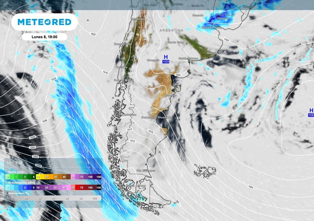 Sinoptica lunes En el inicio de la semana un sistema de alta presión se ubicará sobre el norte de la Patagonia dominando la circulación sobre la región con algunas nieblas y lloviznas.