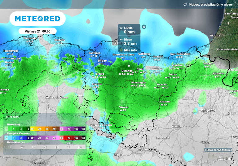 El viernes será el peor día de la invasión ártica en el País Vasco: lluvias intensas y nevadas de hasta 10 cm