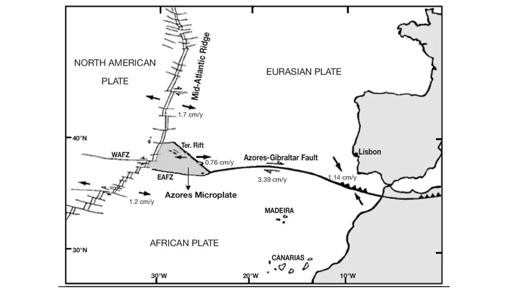 La Dorsal Mesoatlántica separa la Placa Americana de las Placas Euroasiática y Africana, y la Falla de Gloria divide la Placa Euroasiática de la Placa Africana. Las islas de Flores y Corvo se ubican en la Placa Americana, al oeste de la Dorsal Mesoatlántica, a diferencia de las demás, que se encuentran al este de la dorsal. Imagen: Estructura tectónica de las Azores (Nunes, 1999).