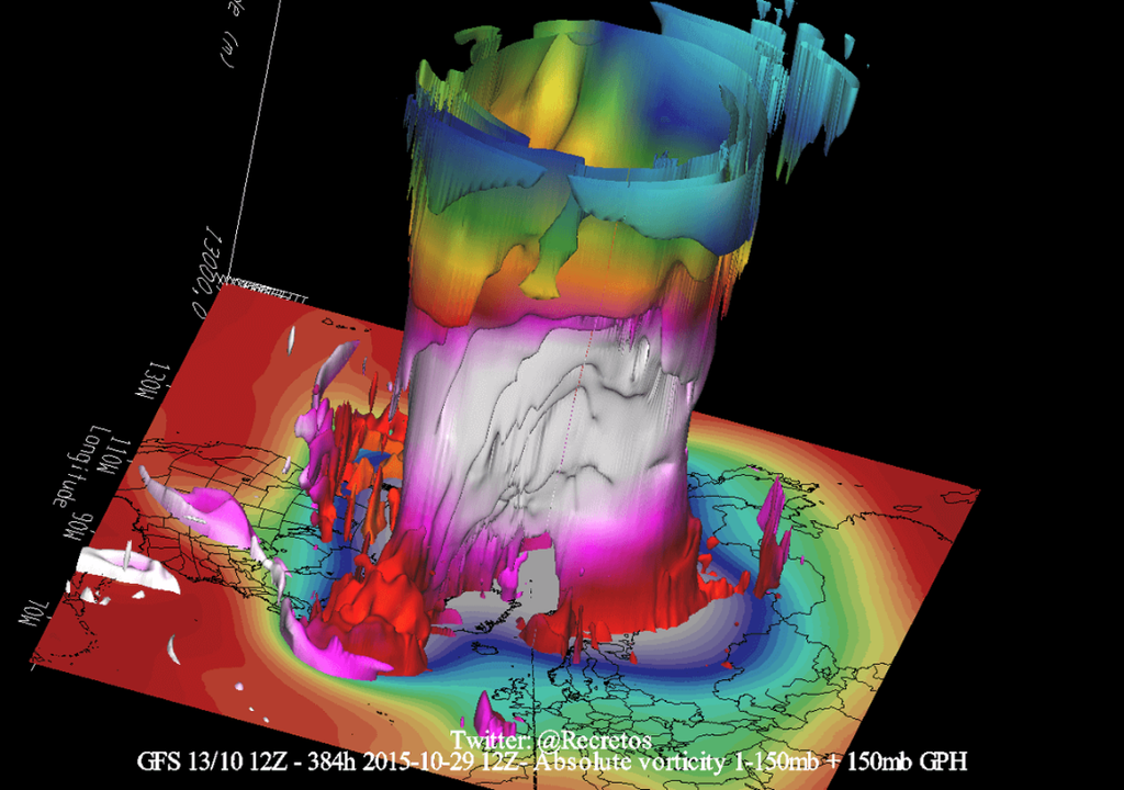 Representación 3D del vórtice polar: esta imagen muestra la estructura tridimensional del vórtice polar estratosférico, basado en datos del modelo GFS. Las coloridas capas evidencian la intensidad de la vorticidad absoluta y su conexión vertical con los sistemas de presión. Al deformarse, este remolino de aire frío puede alterar el clima desde el Polo hasta latitudes medias. Representación 3D del vórtice polar: esta imagen muestra la estructura tridimensional del vórtice polar estratosférico, basado en datos del modelo GFS. Las coloridas capas evidencian la intensidad de la vorticidad absoluta y su conexión vertical con los sistemas de presión. Al deformarse, este remolino de aire frío puede alterar el clima desde el Polo hasta latitudes medias.